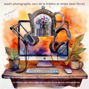 Image aquarelle écran casque micro table obtenue avec l'aide numérique artificielle Photoshop, la théière est extraite d'une de mes photographies. Image produit de mon offre cours une heure en visio-conférence.