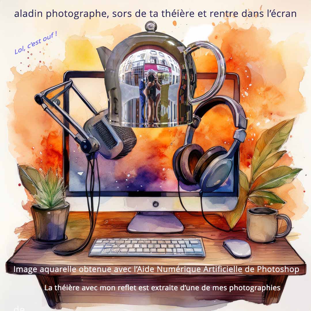 Image aquarelle écran casque micro table obtenue avec l'aide numérique artificielle Photoshop, la théière est extraite d'une de mes photographies. Image produit de mon offre cours une heure en visio-conférence.